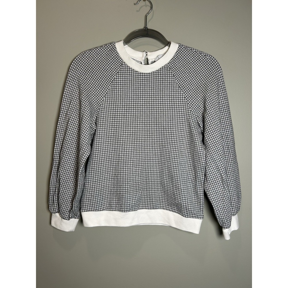 PEARL by Lela Rose XS Grey and White Gingham Crewneck Pullover Long Sleeve Top - Picture 3 of 12